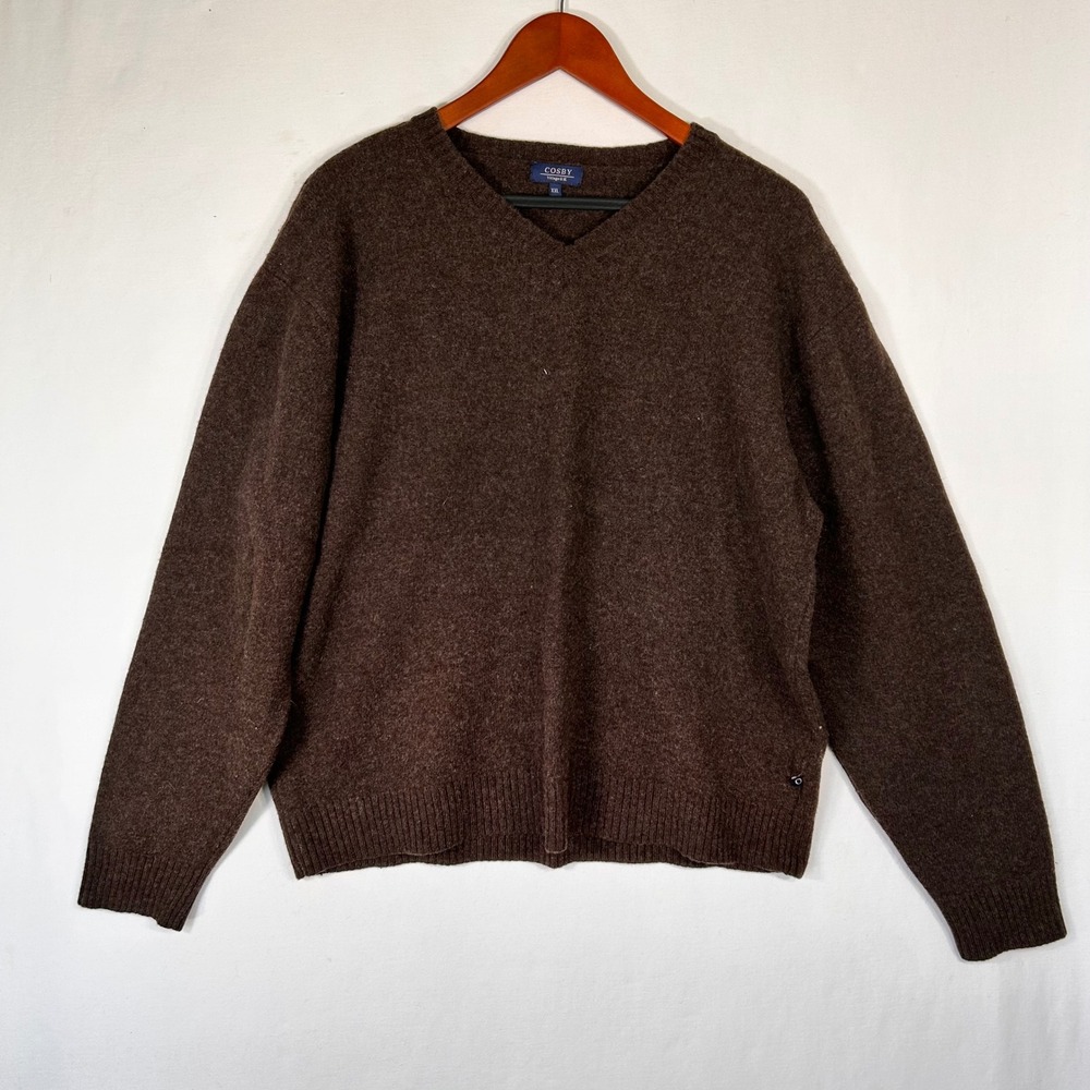 Cosby Village UK Vintage men's XXL Brown 100% Lambswool V-Neck Knit Sweaterge